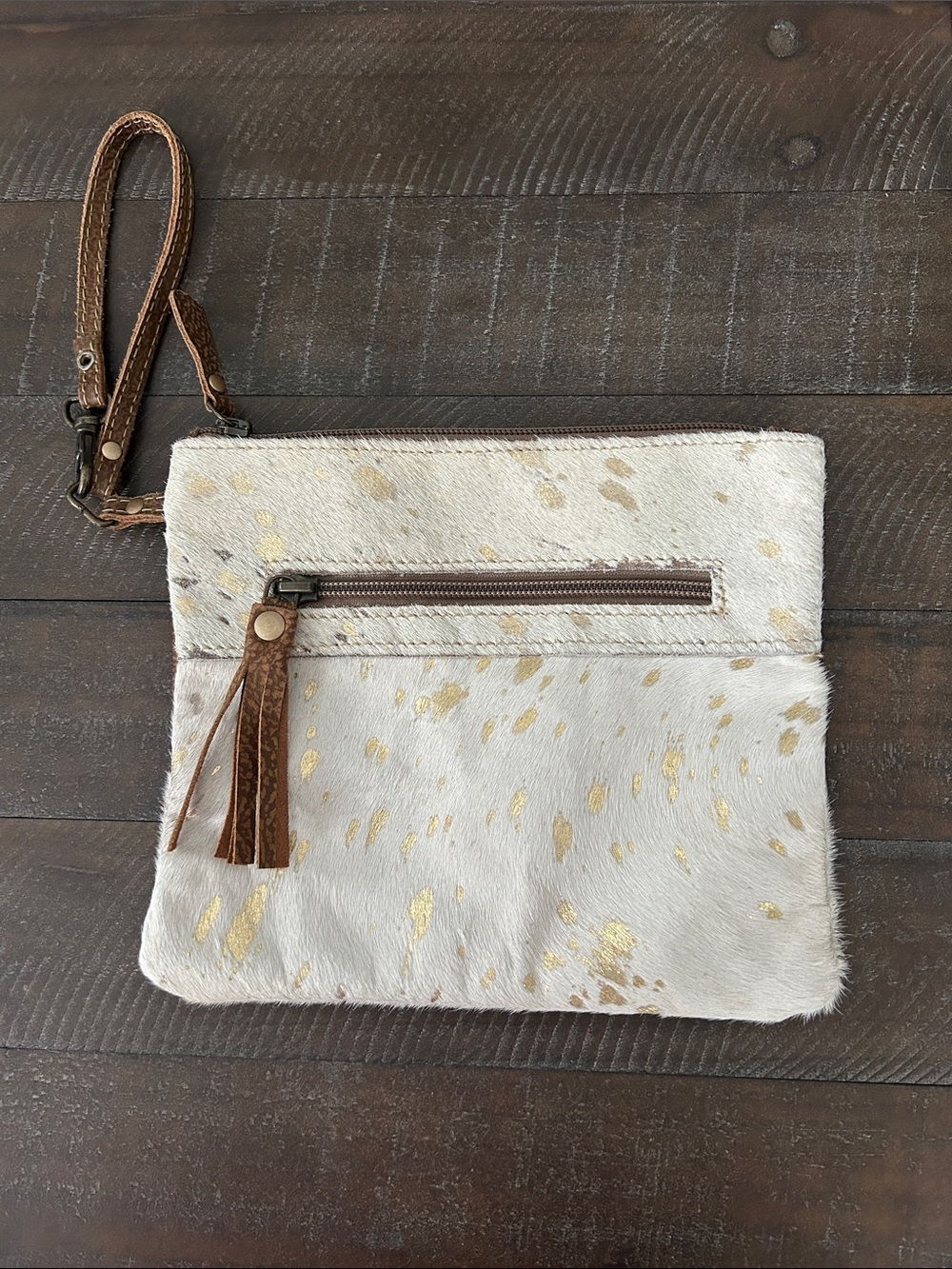 Myra Bag White Wristlet Clutch with Gold Flecks and Brown Strap
